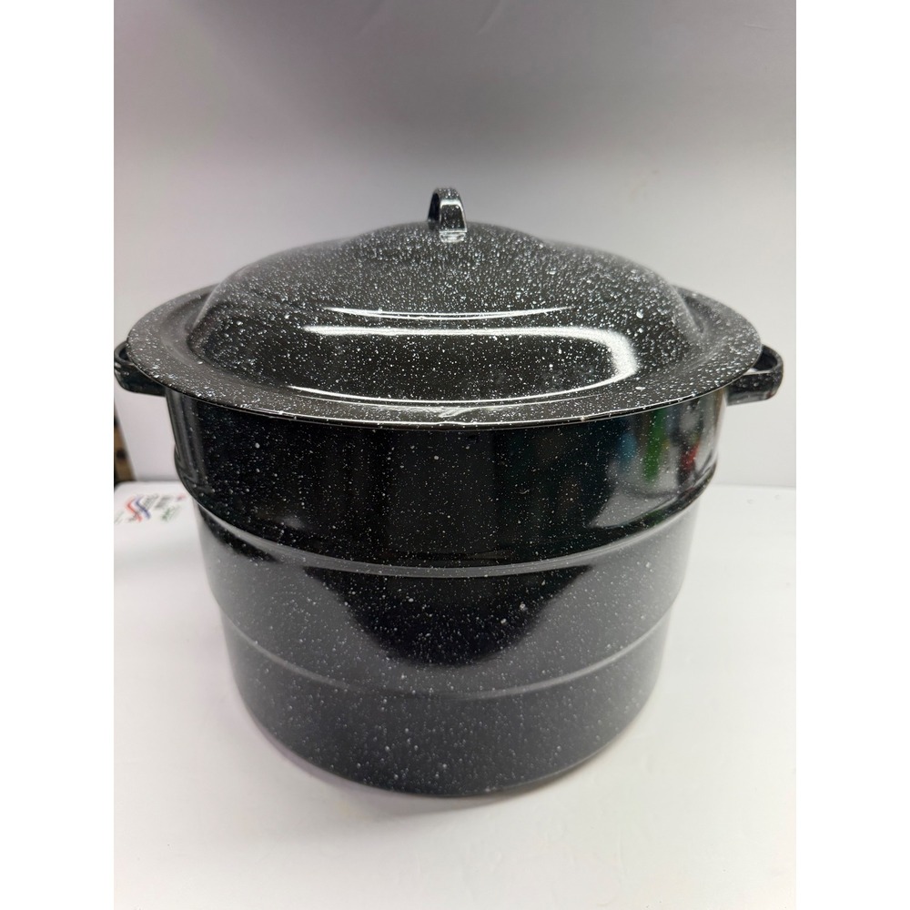 Graniteware Black Speckled Enamel Canning Pot with Lid and Rack 21.5 Quart